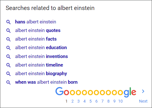 Searches Related to Einstein Google Search Resutls page serp