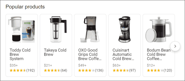 popular products carousel google search results vary cold brew coffee