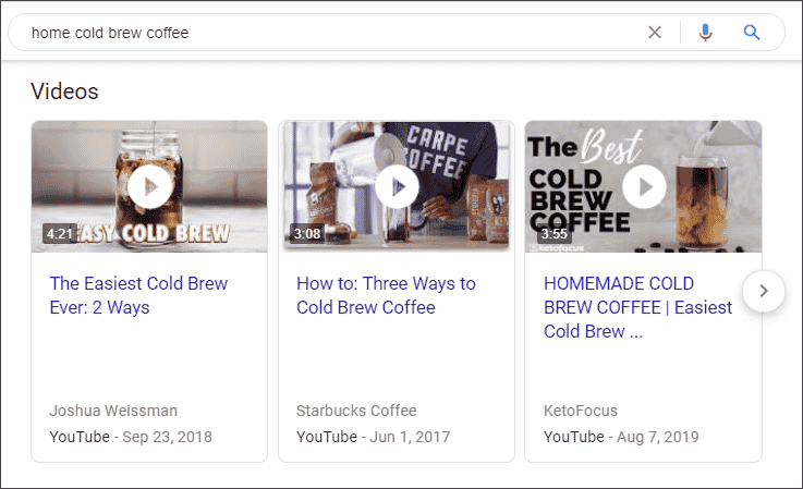video carousel google search engine resutls page serps cold brew coffee